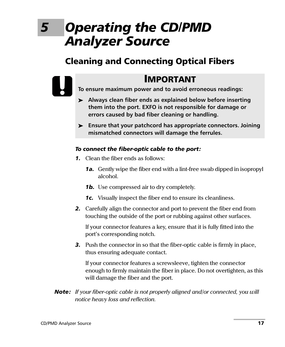5 operating the cd/pmd analyzer source, Cleaning and connecting optical fibers, 5operating the cd/pmd analyzer source | Mportant | EXFO FLS-5800 CD/PMD Analyzer Source User Manual | Page 23 / 98
