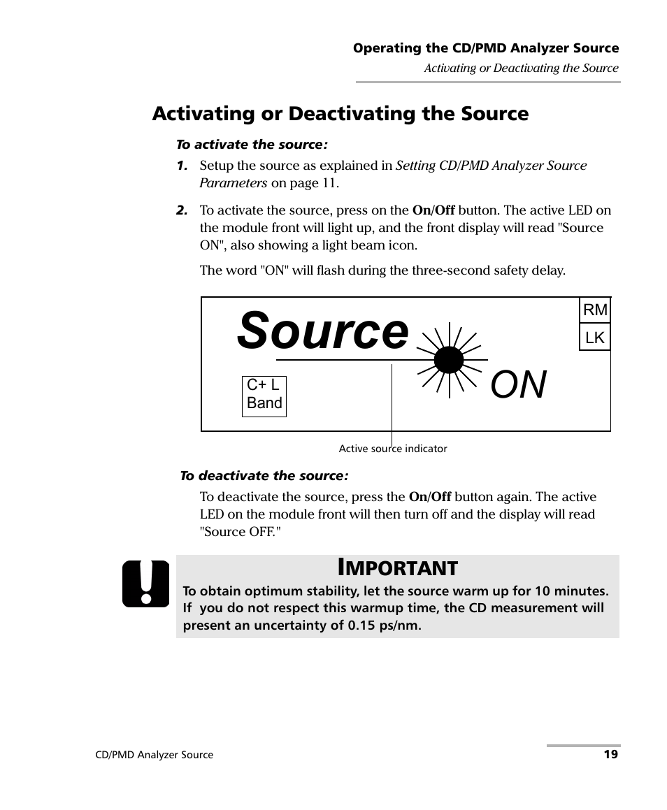 Activating or deactivating the source, Source, Mportant | EXFO FLS-5800 CD/PMD Analyzer Source User Manual | Page 25 / 98