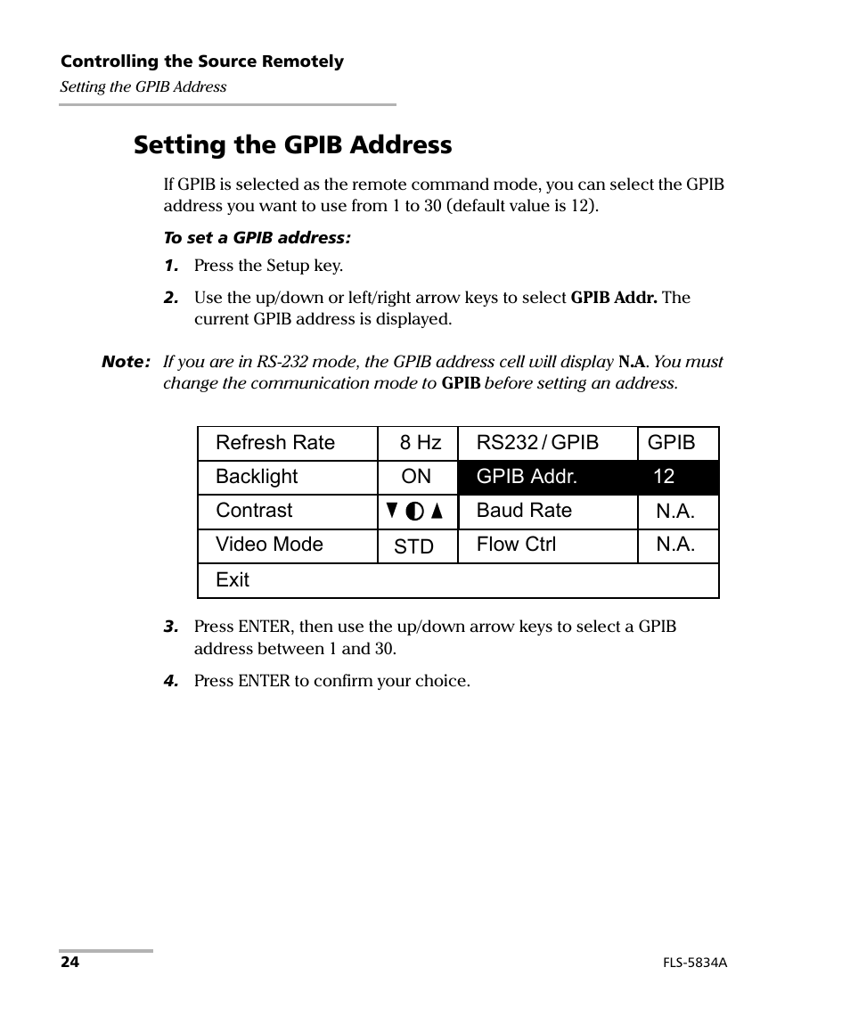 Setting the gpib address | EXFO FLS-5800 CD/PMD Analyzer Source User Manual | Page 30 / 98