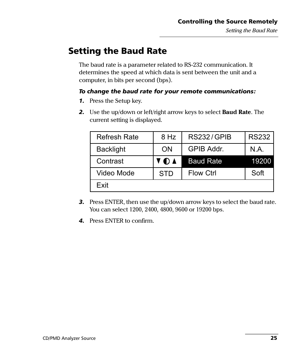 Setting the baud rate | EXFO FLS-5800 CD/PMD Analyzer Source User Manual | Page 31 / 98