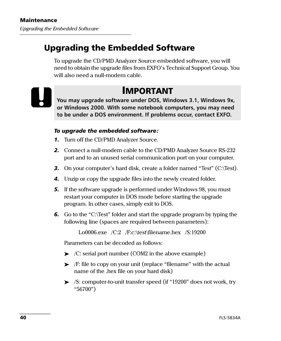 Upgrading the embedded software, Mportant | EXFO FLS-5800 CD/PMD Analyzer Source User Manual | Page 46 / 98