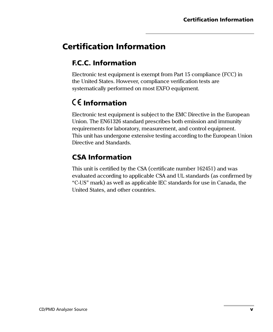 Certification information | EXFO FLS-5800 CD/PMD Analyzer Source User Manual | Page 5 / 98