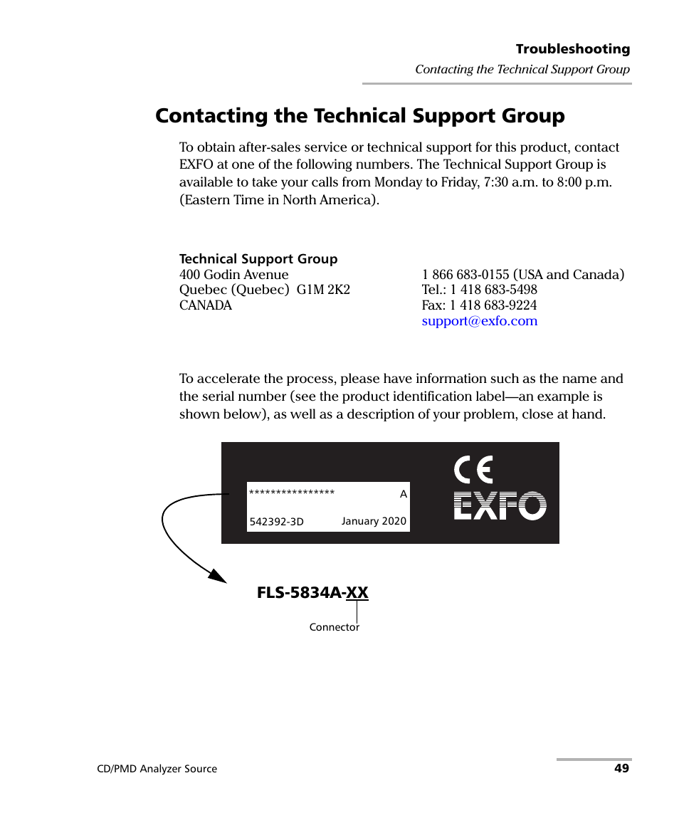 Contacting the technical support group, Fls-5834a-xx | EXFO FLS-5800 CD/PMD Analyzer Source User Manual | Page 55 / 98