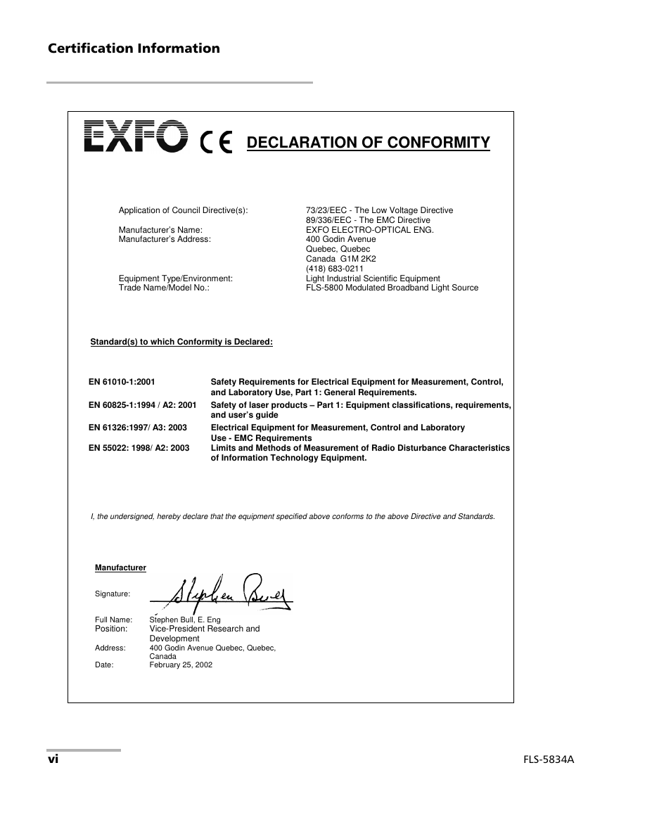 Declaration of conformity, Certification information | EXFO FLS-5800 CD/PMD Analyzer Source User Manual | Page 6 / 98