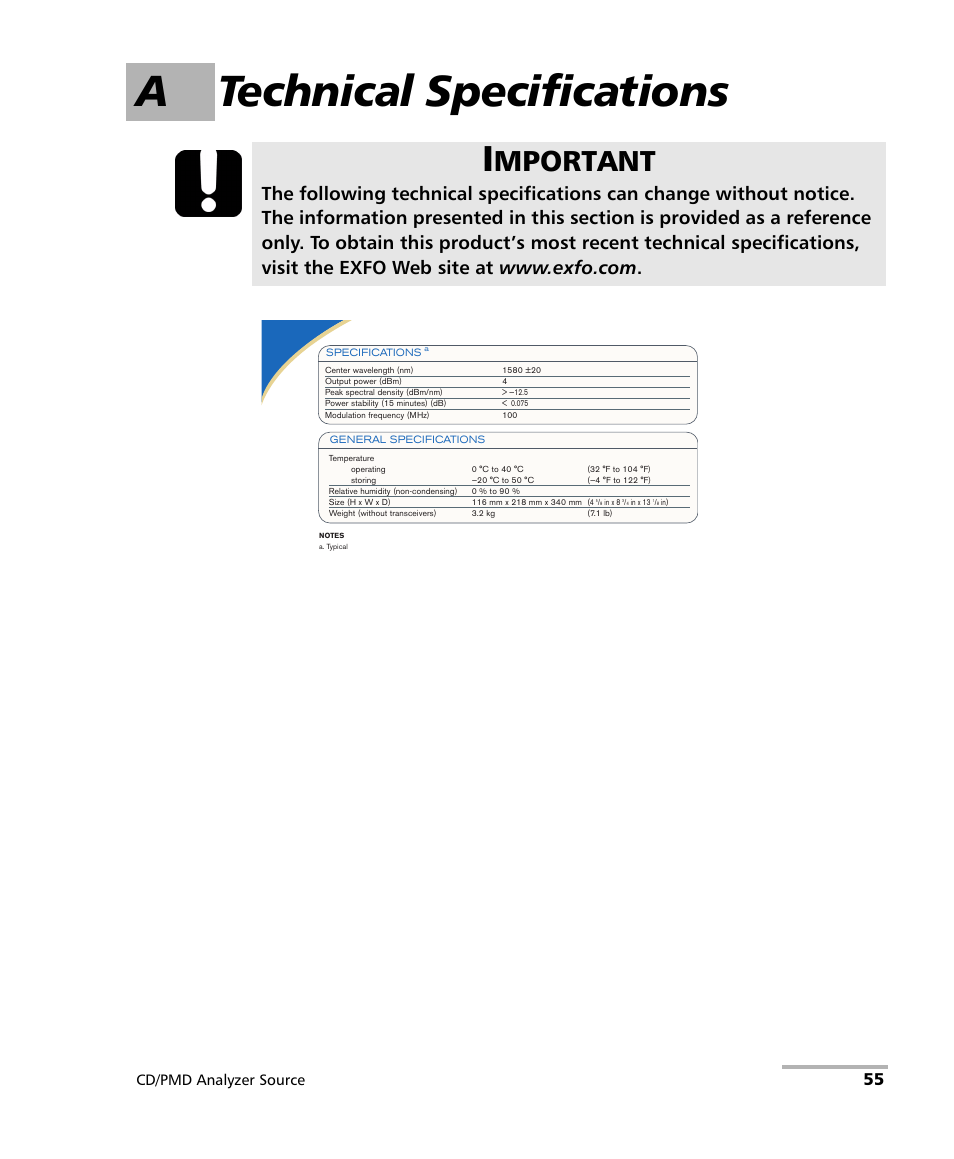 A technical specifications, Mportant, Cd/pmd analyzer source | EXFO FLS-5800 CD/PMD Analyzer Source User Manual | Page 61 / 98