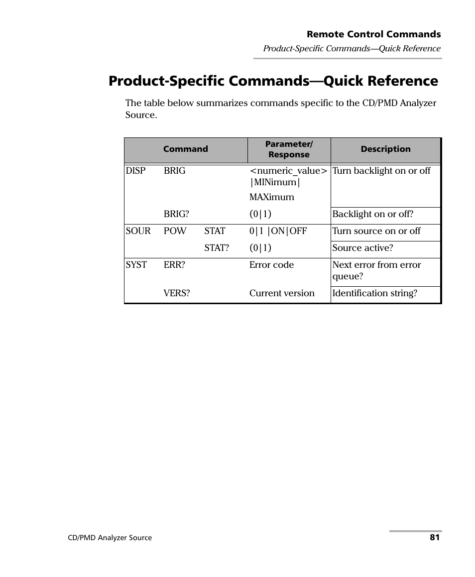 Product-specific commands-quick reference, Product-specific commands—quick reference | EXFO FLS-5800 CD/PMD Analyzer Source User Manual | Page 87 / 98