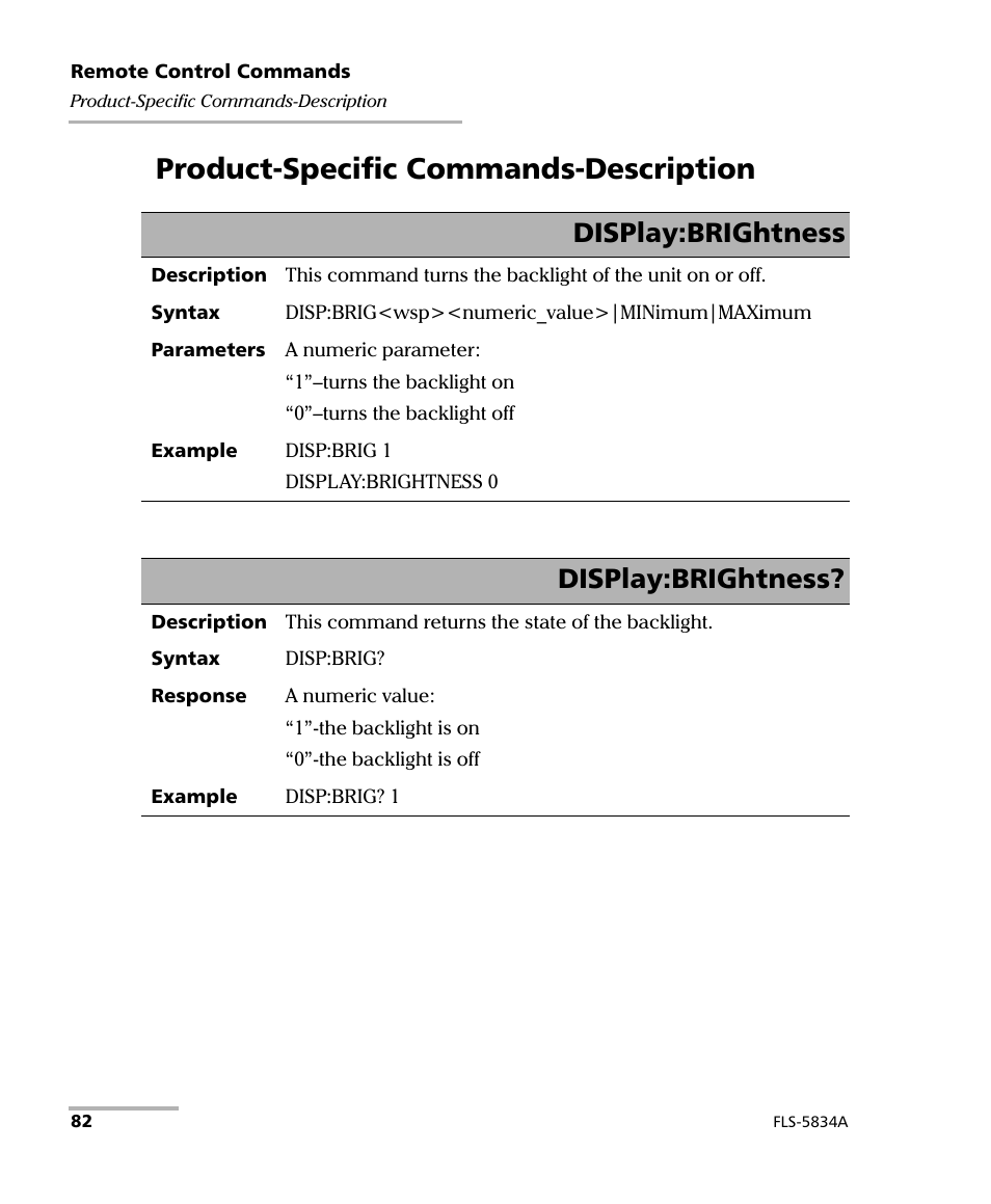 Product-specific commands-description, Display:brightness | EXFO FLS-5800 CD/PMD Analyzer Source User Manual | Page 88 / 98