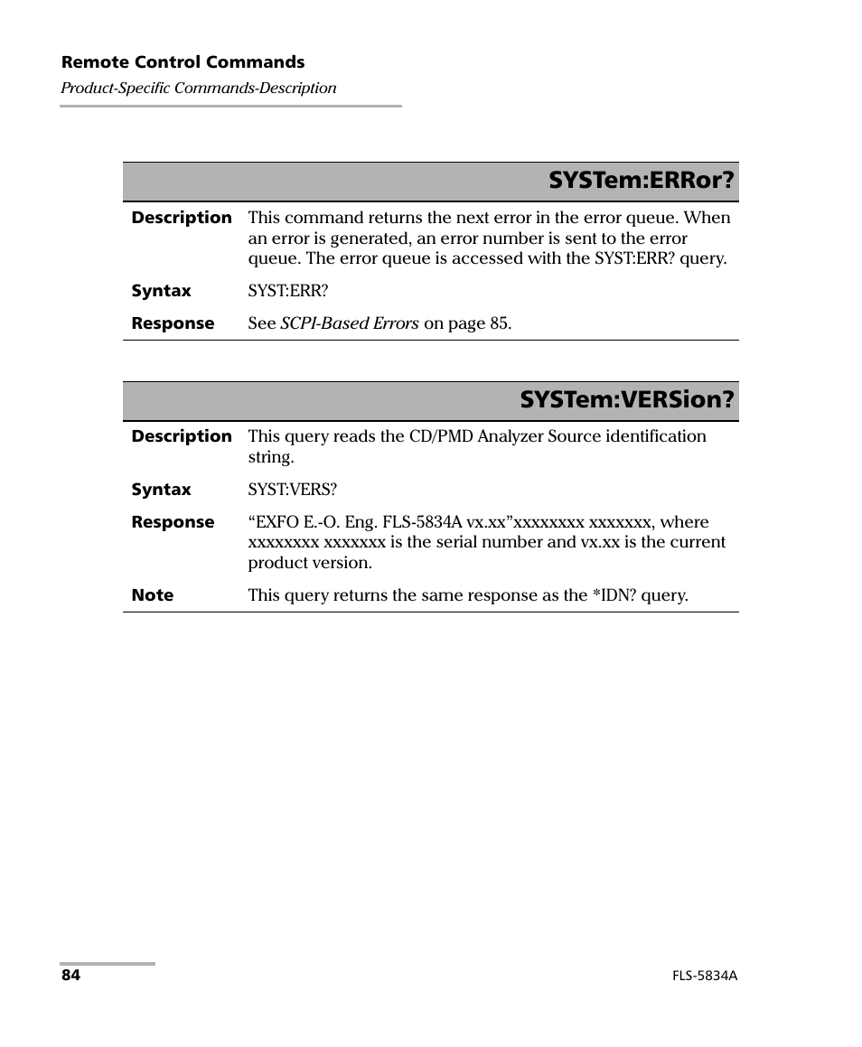 System:error, System:version | EXFO FLS-5800 CD/PMD Analyzer Source User Manual | Page 90 / 98