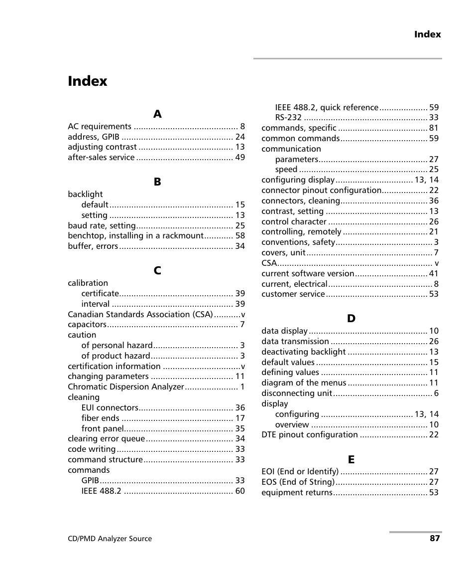 Index | EXFO FLS-5800 CD/PMD Analyzer Source User Manual | Page 93 / 98