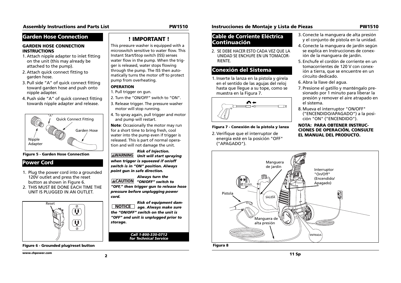 Conexión del sistema, Cable de corriente eléctrica continuación, Garden hose connection | Important, Power cord | Campbell Hausfeld PW1510 User Manual | Page 2 / 6