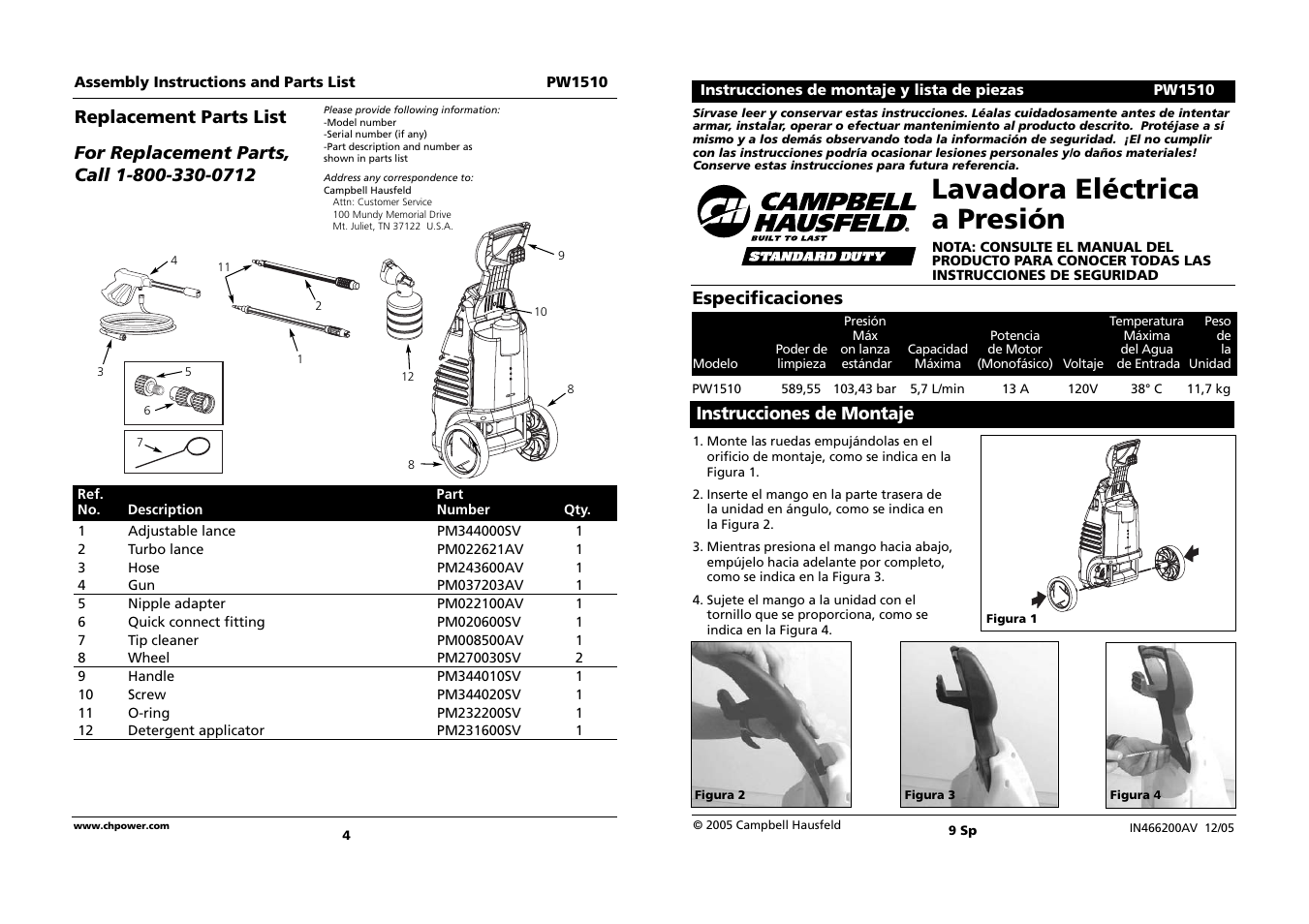 Lavadora eléctrica a presión, Especificaciones, Instrucciones de montaje | Campbell Hausfeld PW1510 User Manual | Page 4 / 6