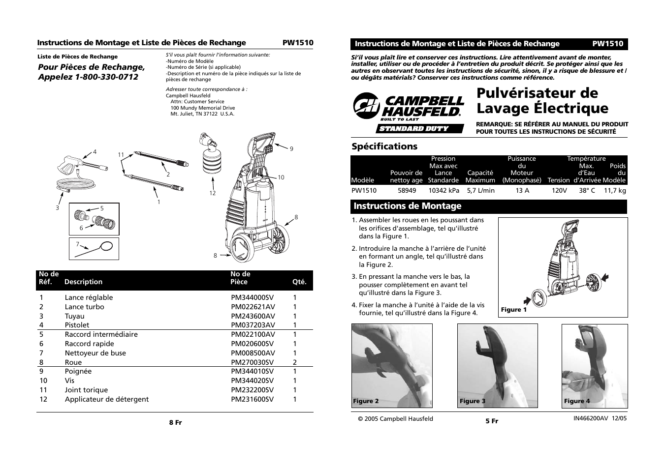 Pulvérisateur de lavage électrique, Spécifications, Instructions de montage | Campbell Hausfeld PW1510 User Manual | Page 5 / 6