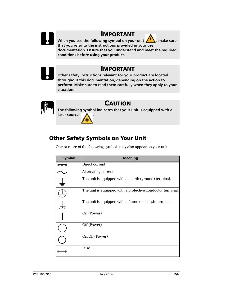 Other safety symbols on your unit, Mportant, Aution | EXFO FVA-3150 User Manual | Page 2 / 6