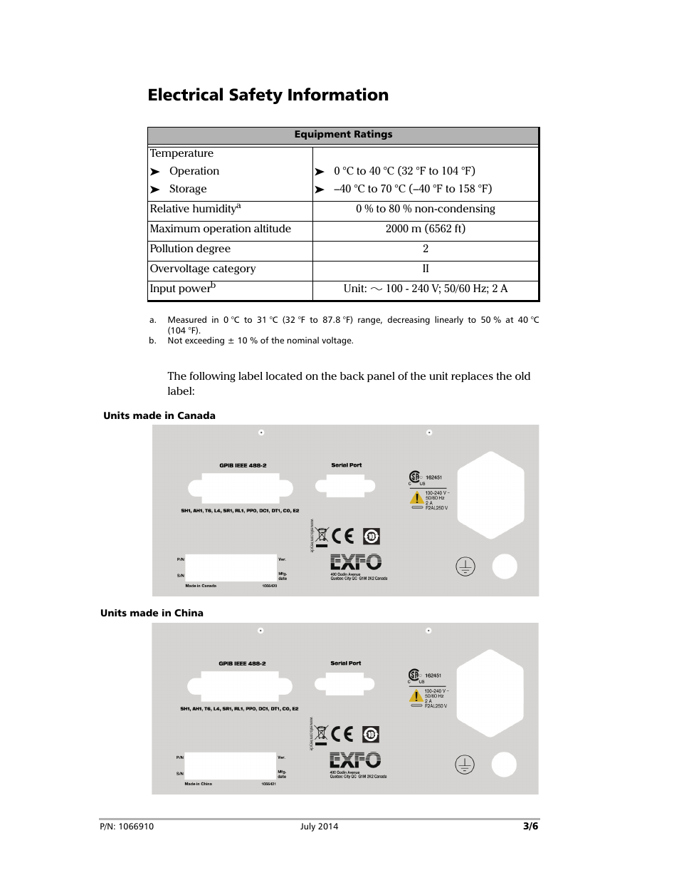 Electrical safety information | EXFO FVA-3150 User Manual | Page 3 / 6
