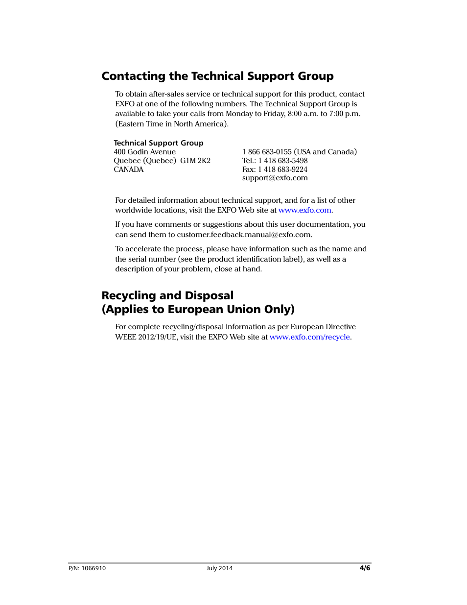 Contacting the technical support group | EXFO FVA-3150 User Manual | Page 4 / 6