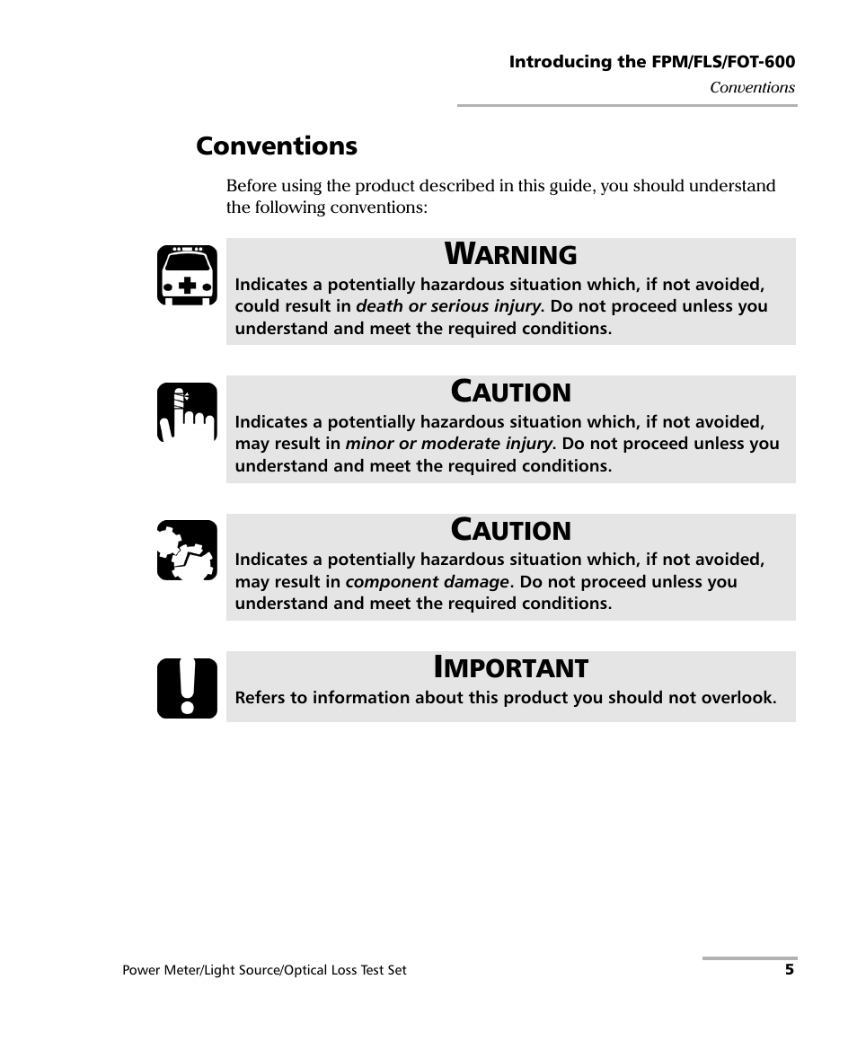 Conventions, Arning, Aution | Mportant | EXFO FPM-600 Power Meter User Manual | Page 11 / 79