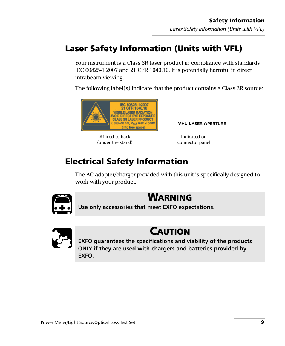 Laser safety information (units with vfl), Electrical safety information, Arning | Aution | EXFO FPM-600 Power Meter User Manual | Page 15 / 79