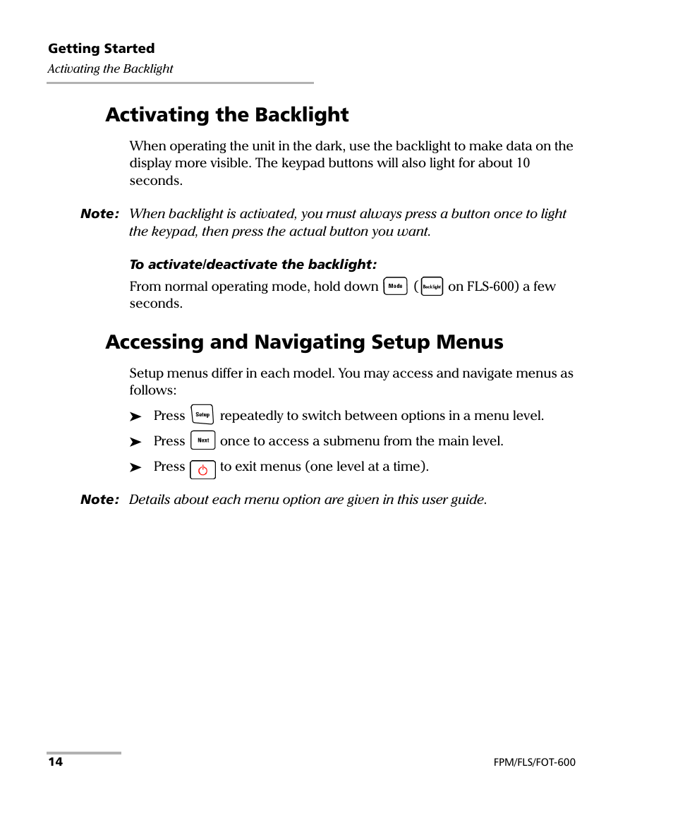 Activating the backlight, Accessing and navigating setup menus | EXFO FPM-600 Power Meter User Manual | Page 20 / 79