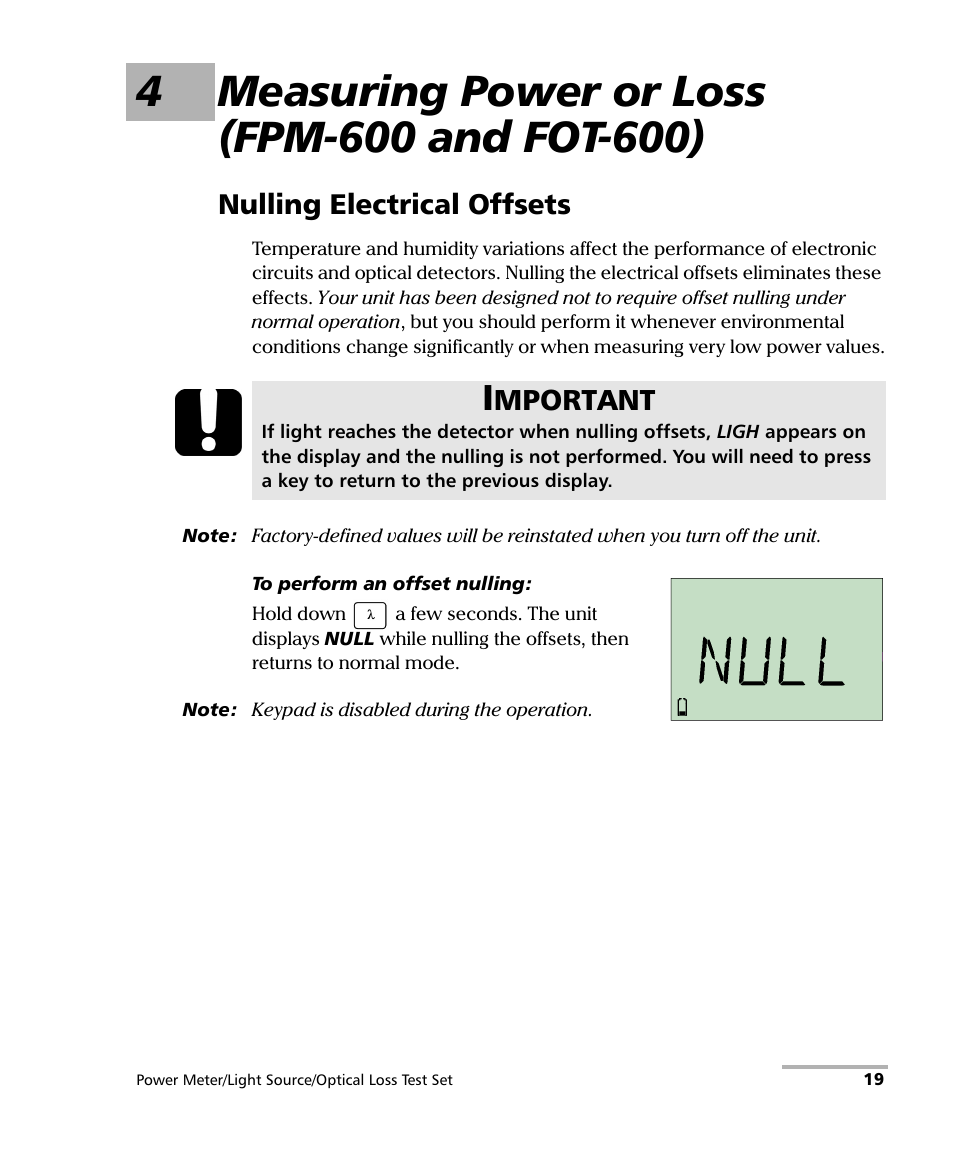 4 measuring power or loss (fpm-600 and fot-600), Nulling electrical offsets, Mportant | EXFO FPM-600 Power Meter User Manual | Page 25 / 79