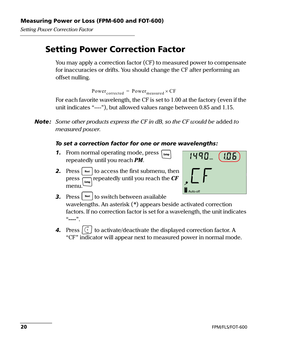 Setting power correction factor | EXFO FPM-600 Power Meter User Manual | Page 26 / 79