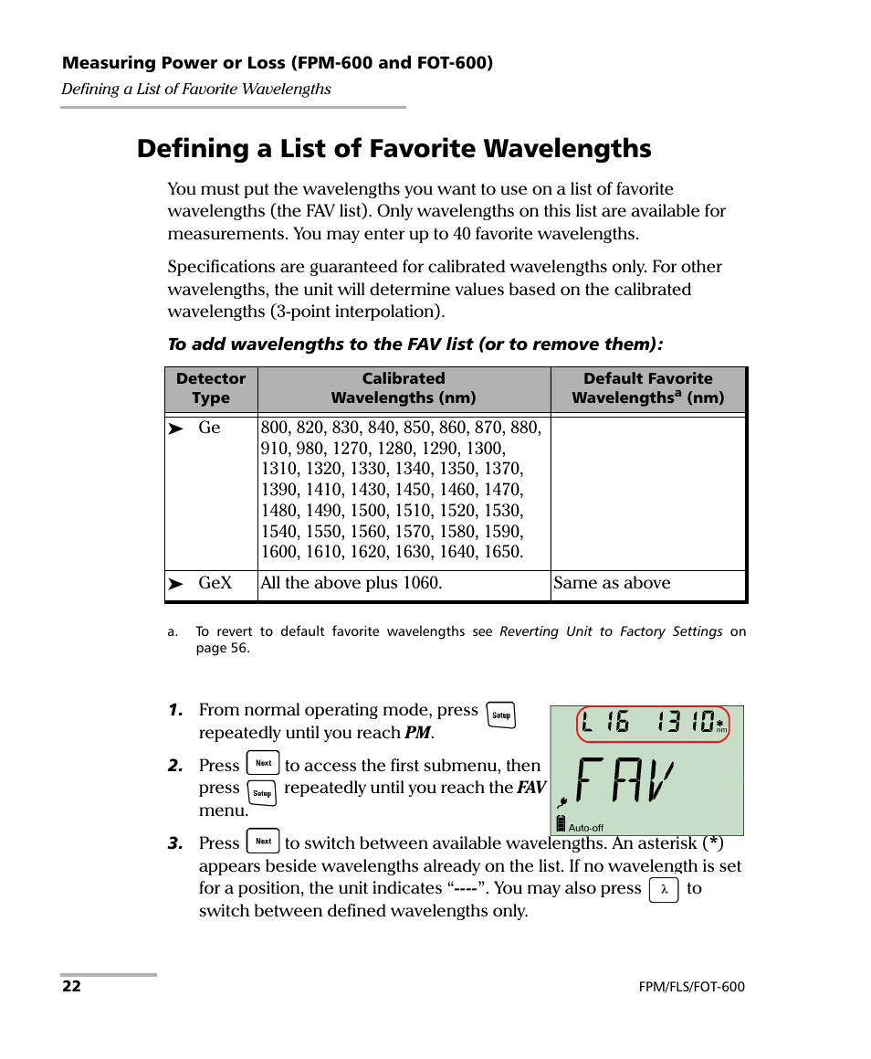 Defining a list of favorite wavelengths | EXFO FPM-600 Power Meter User Manual | Page 28 / 79