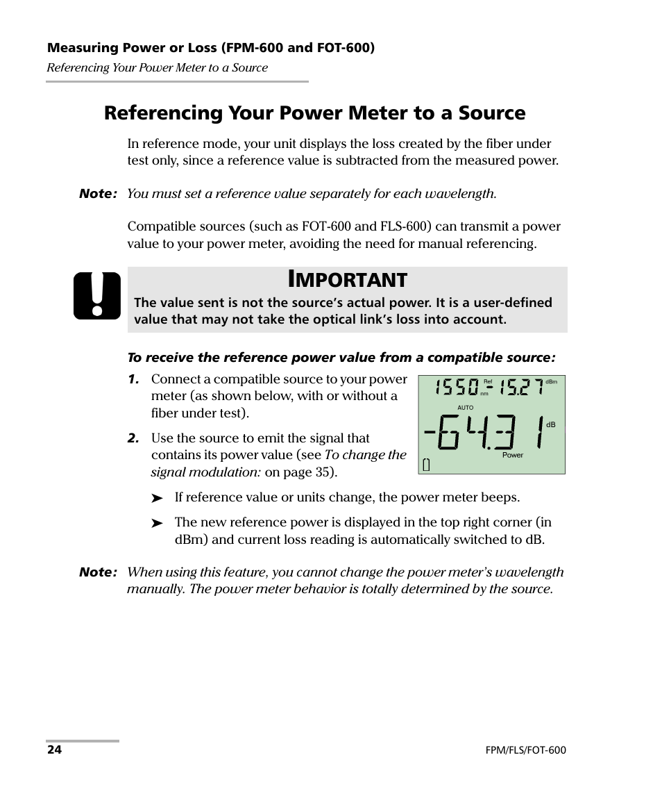 Referencing your power meter to a source, Mportant | EXFO FPM-600 Power Meter User Manual | Page 30 / 79