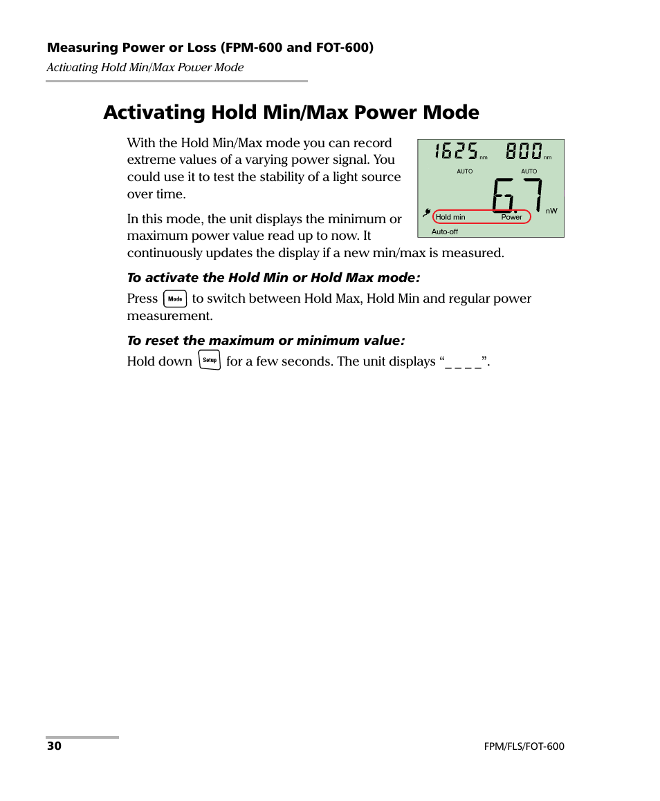Activating hold min/max power mode | EXFO FPM-600 Power Meter User Manual | Page 36 / 79
