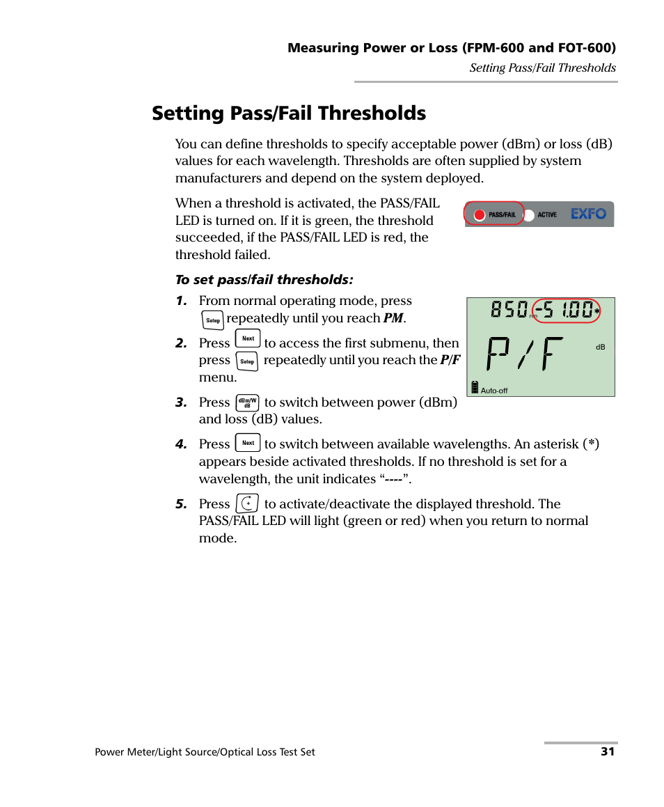 Setting pass/fail thresholds | EXFO FPM-600 Power Meter User Manual | Page 37 / 79