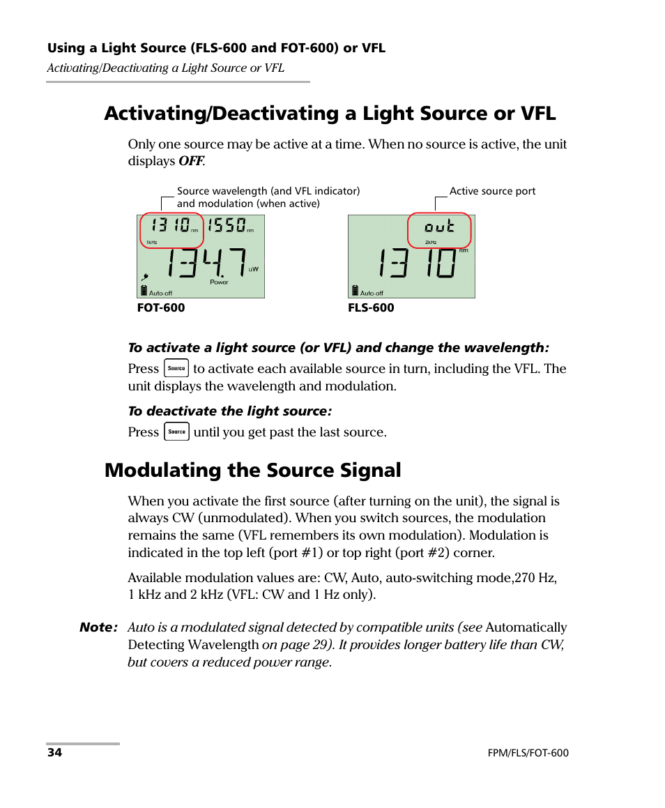Activating/deactivating a light source or vfl, Modulating the source signal | EXFO FPM-600 Power Meter User Manual | Page 40 / 79
