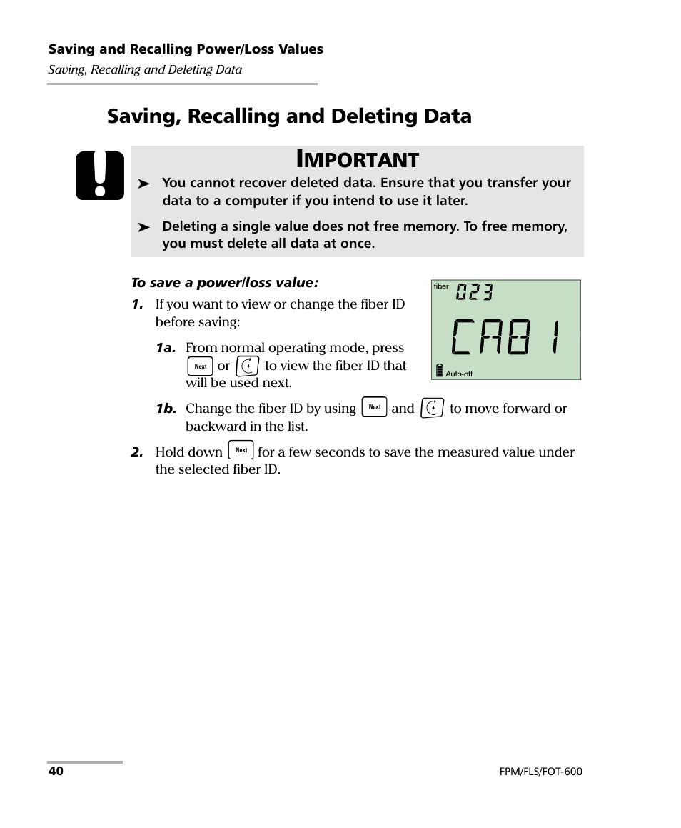 Saving, recalling and deleting data, Mportant | EXFO FPM-600 Power Meter User Manual | Page 46 / 79