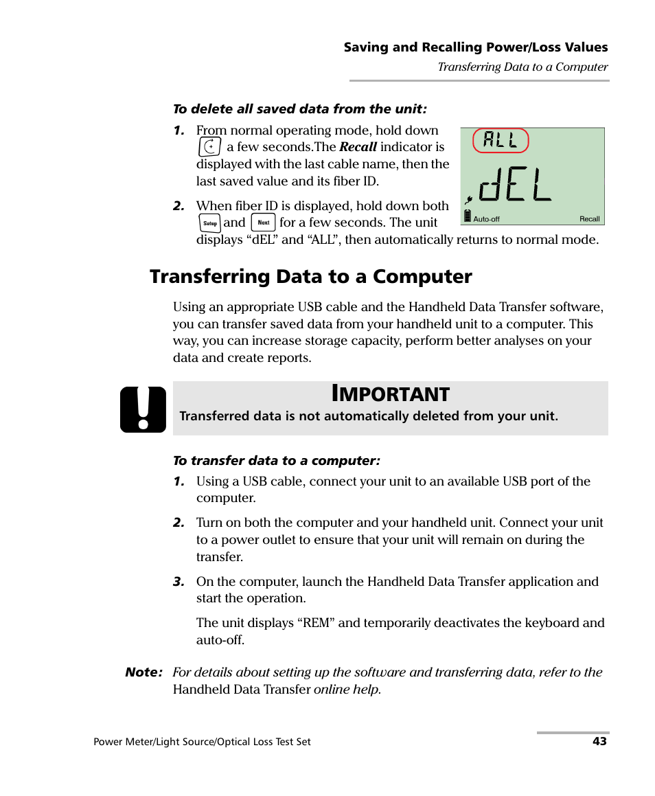 Transferring data to a computer, Mportant | EXFO FPM-600 Power Meter User Manual | Page 49 / 79