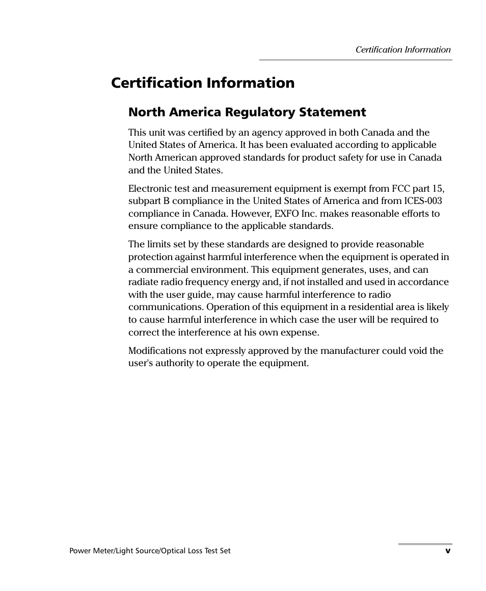 Certification information, North america regulatory statement | EXFO FPM-600 Power Meter User Manual | Page 5 / 79