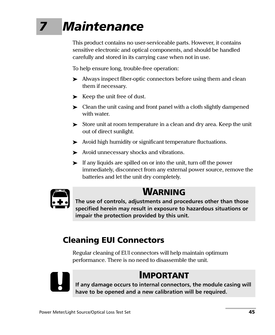 7 maintenance, Cleaning eui connectors, 7maintenance | Arning, Mportant | EXFO FPM-600 Power Meter User Manual | Page 51 / 79