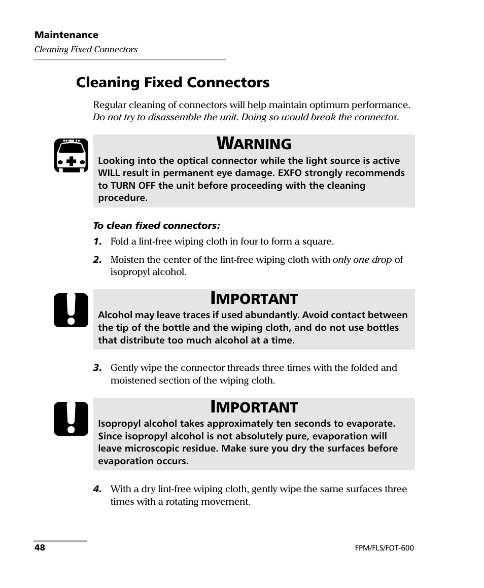 Cleaning fixed connectors, Arning, Mportant | EXFO FPM-600 Power Meter User Manual | Page 54 / 79