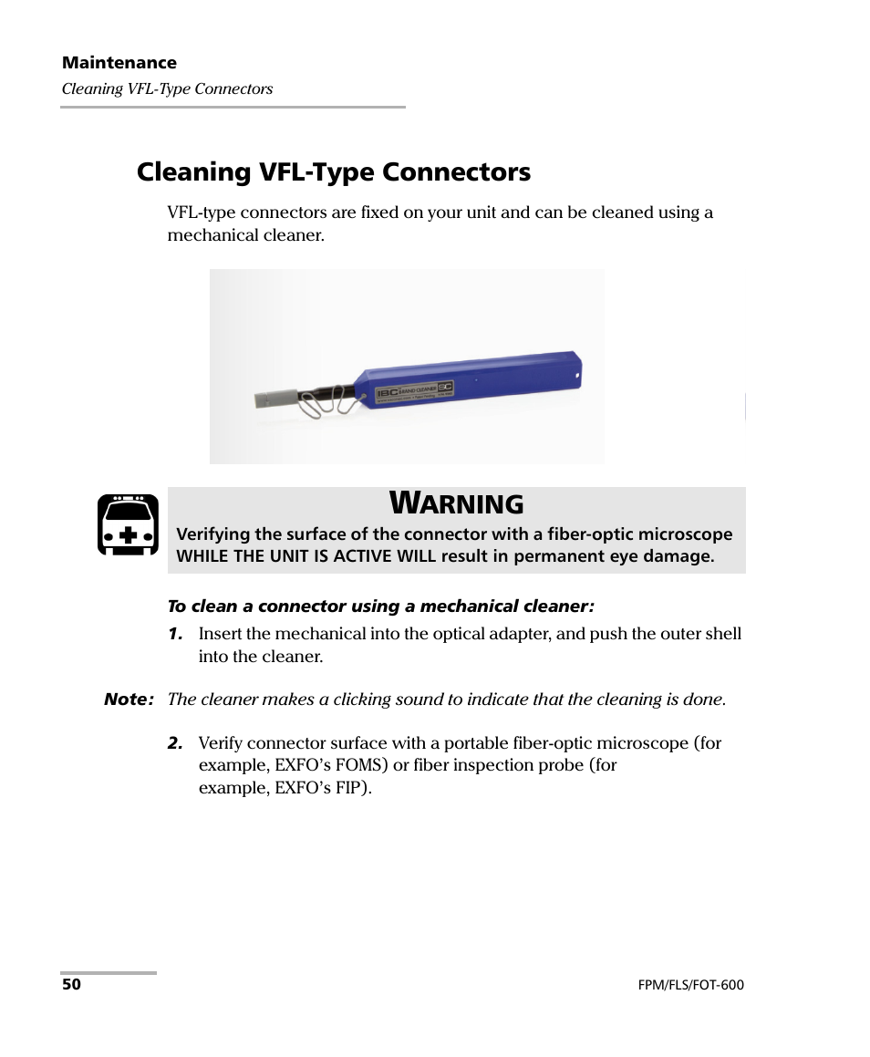 Cleaning vfl-type connectors, Arning | EXFO FPM-600 Power Meter User Manual | Page 56 / 79