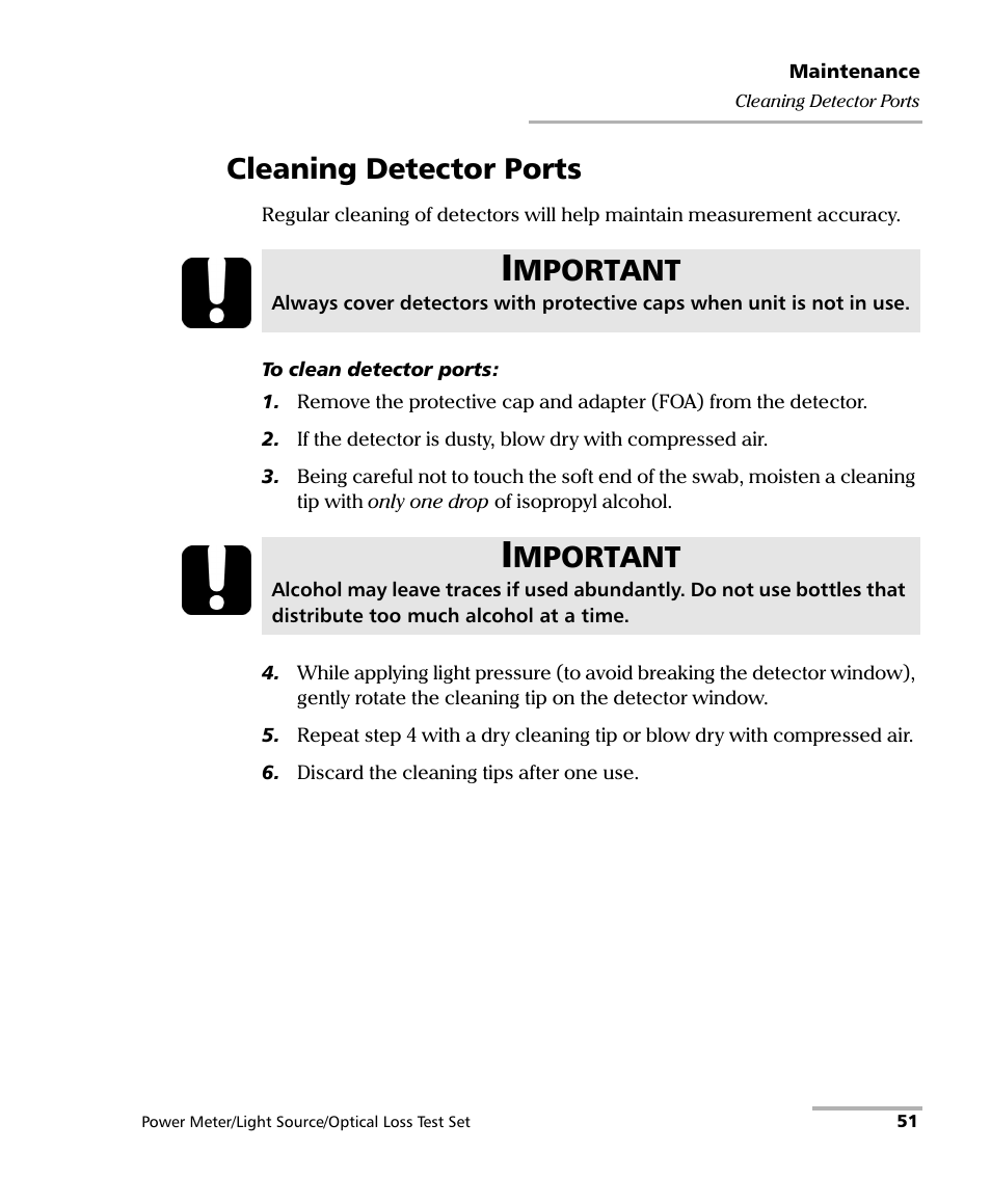 Cleaning detector ports, Mportant | EXFO FPM-600 Power Meter User Manual | Page 57 / 79
