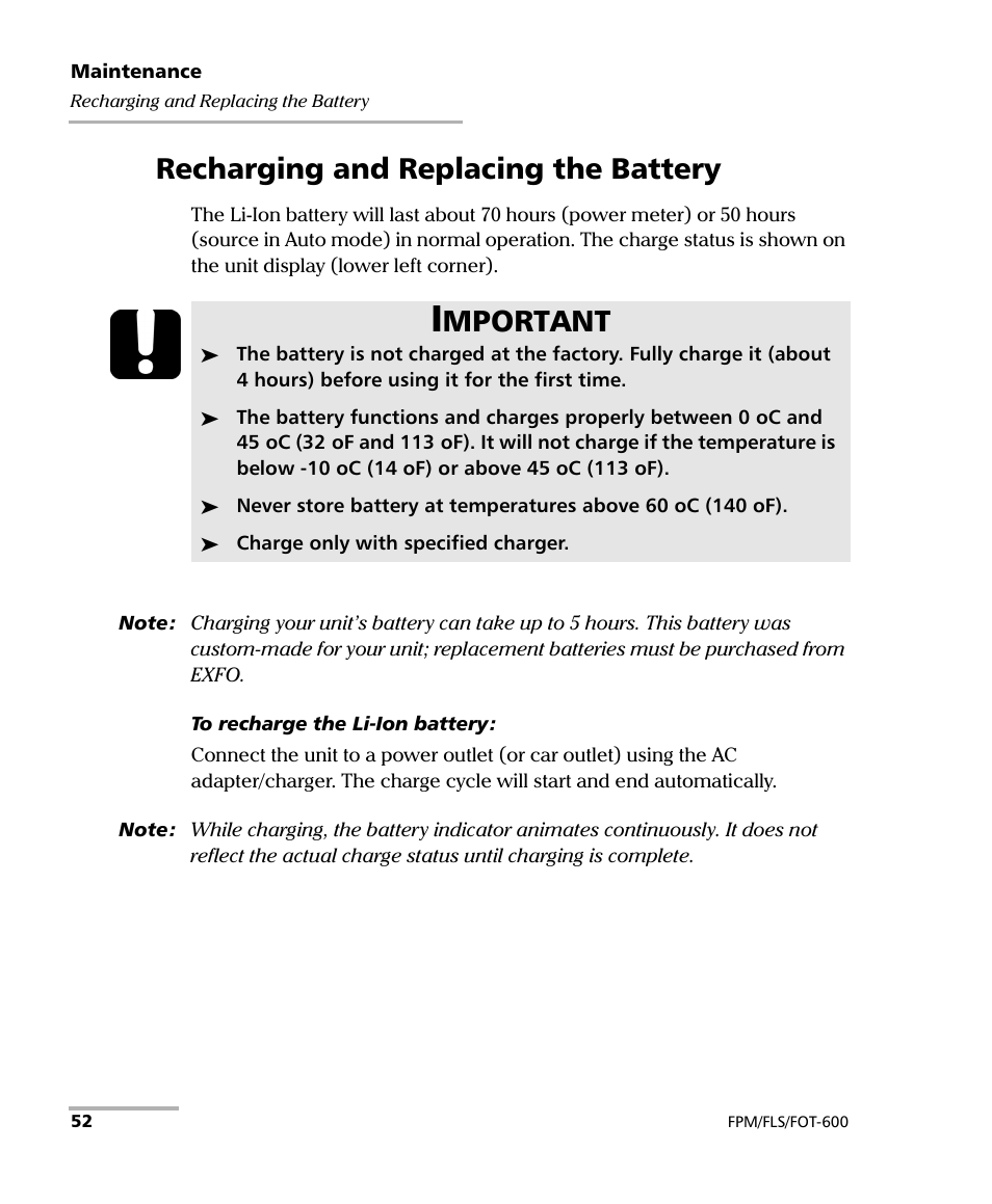 Recharging and replacing the battery, Mportant | EXFO FPM-600 Power Meter User Manual | Page 58 / 79