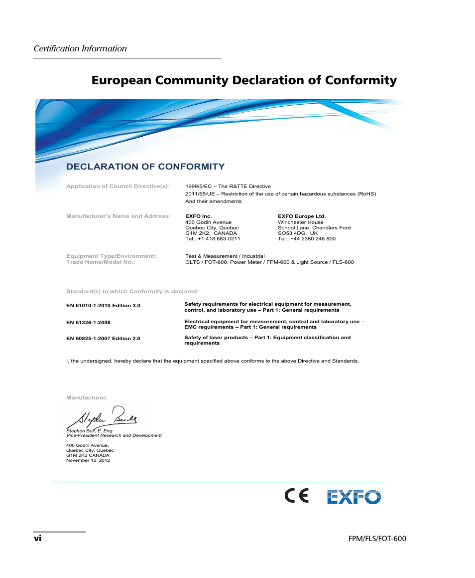 European community declaration of conformity, Certification information, Declaration of conformity | Fpm/fls/fot-600 | EXFO FPM-600 Power Meter User Manual | Page 6 / 79