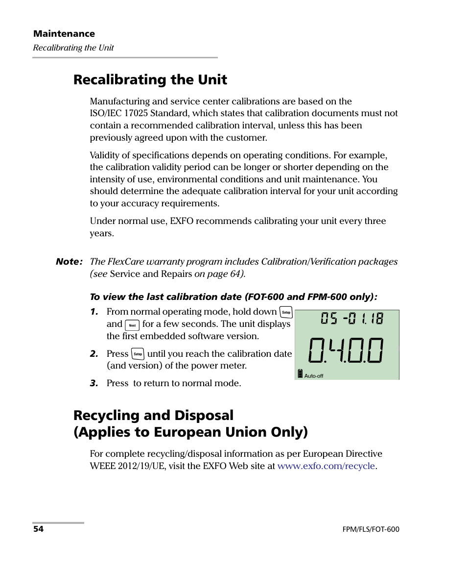 Recalibrating the unit | EXFO FPM-600 Power Meter User Manual | Page 60 / 79