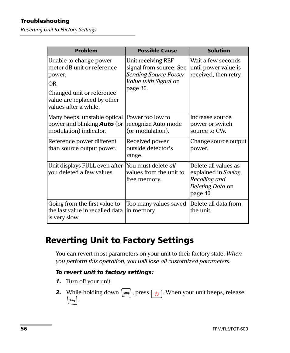 Reverting unit to factory settings | EXFO FPM-600 Power Meter User Manual | Page 62 / 79