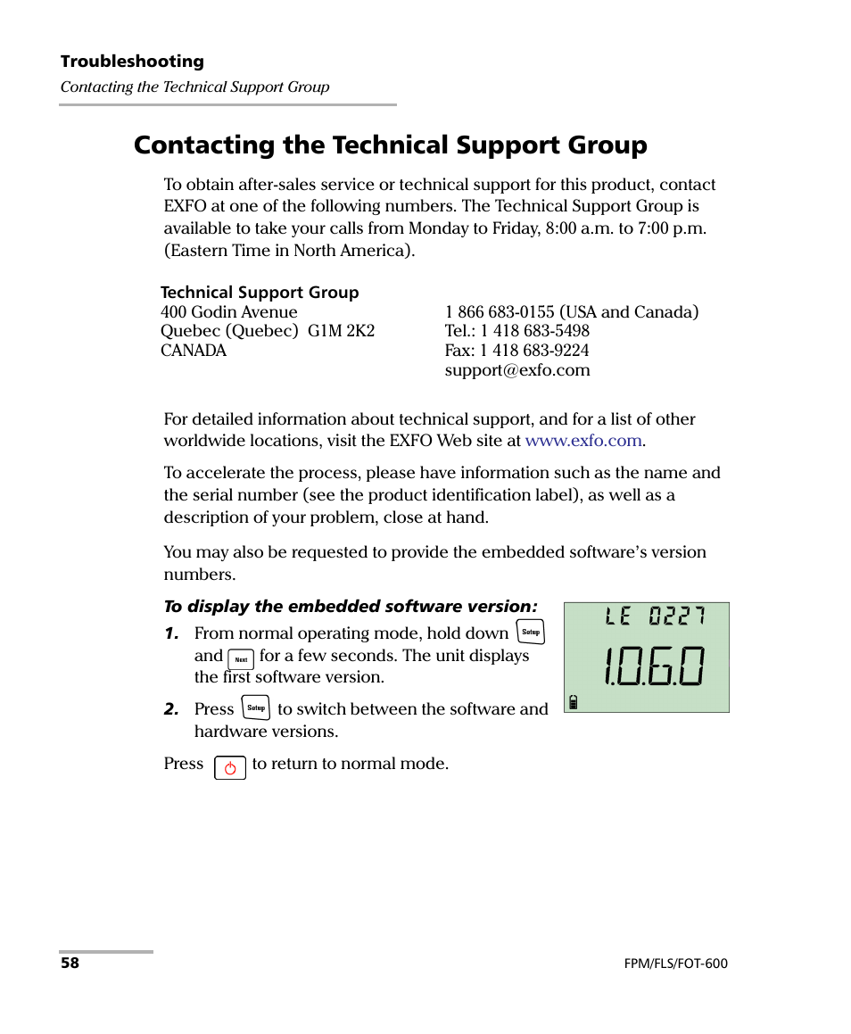Contacting the technical support group | EXFO FPM-600 Power Meter User Manual | Page 64 / 79