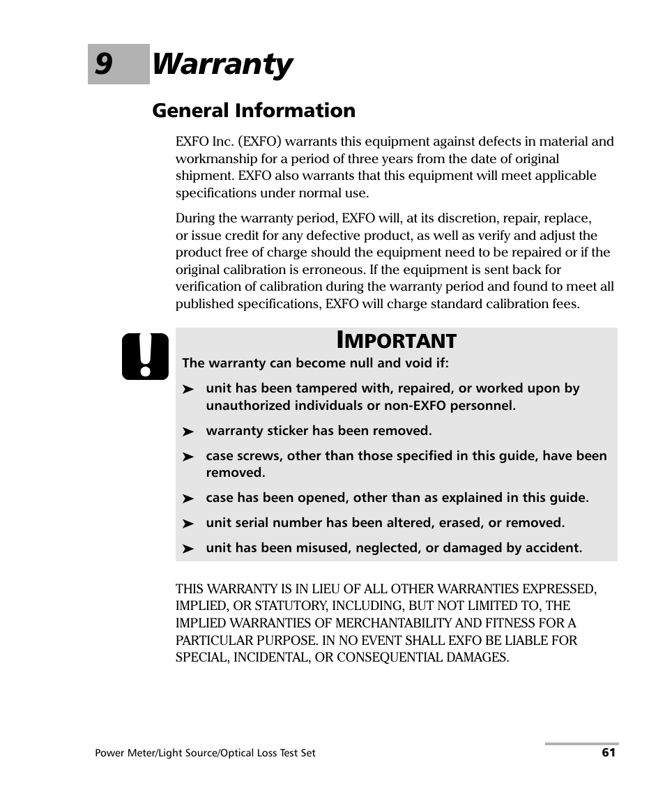 9 warranty, General information, 9warranty | Mportant | EXFO FPM-600 Power Meter User Manual | Page 67 / 79