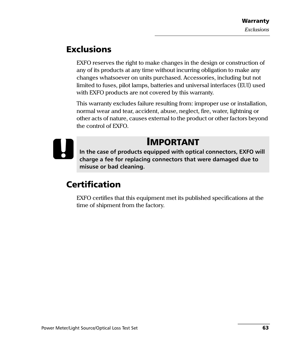 Exclusions, Certification, Exclusions certification | Mportant | EXFO FPM-600 Power Meter User Manual | Page 69 / 79