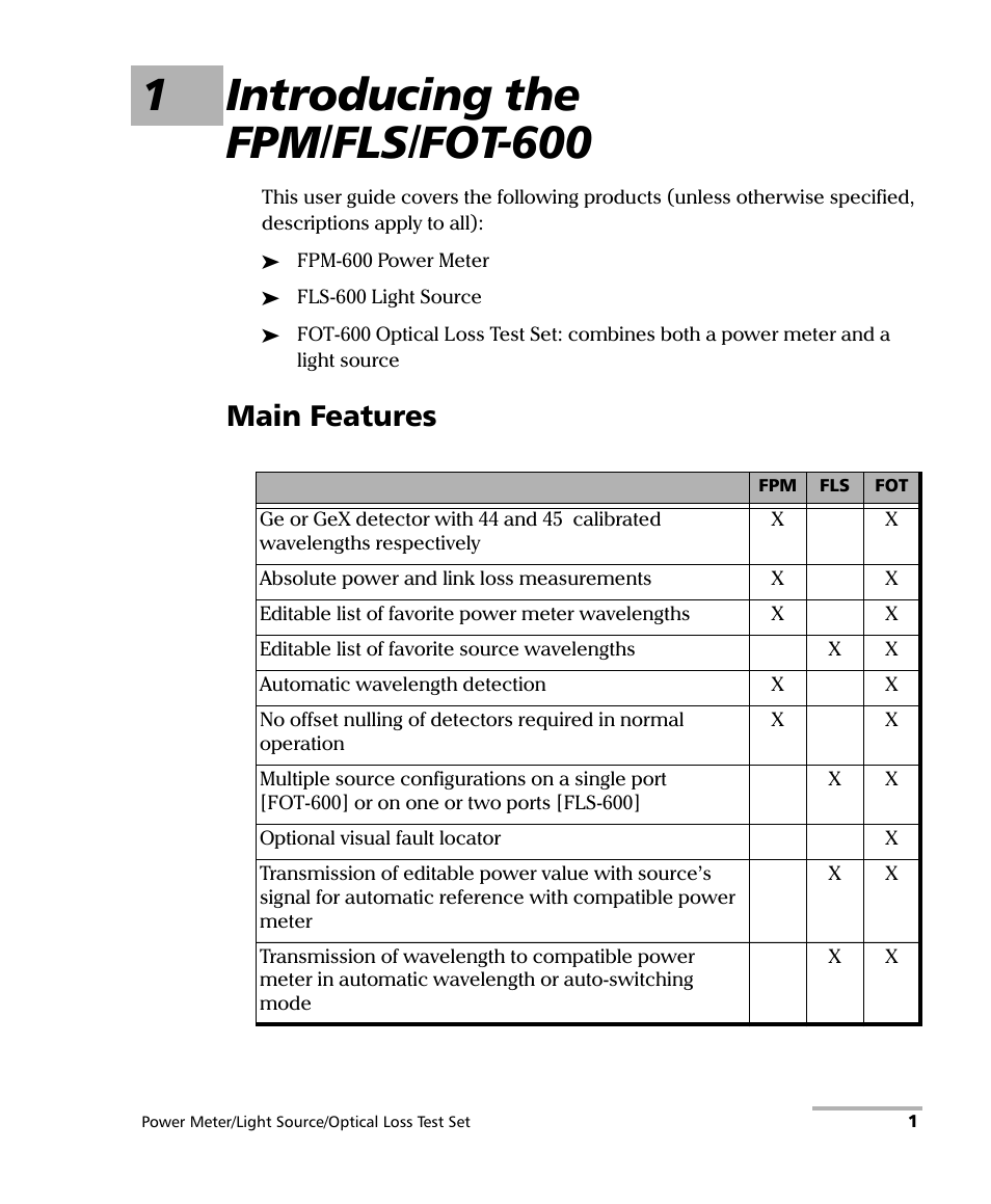 1 introducing the fpm/fls/fot-600, Main features, 1introducing the fpm/fls/fot-600 | EXFO FPM-600 Power Meter User Manual | Page 7 / 79