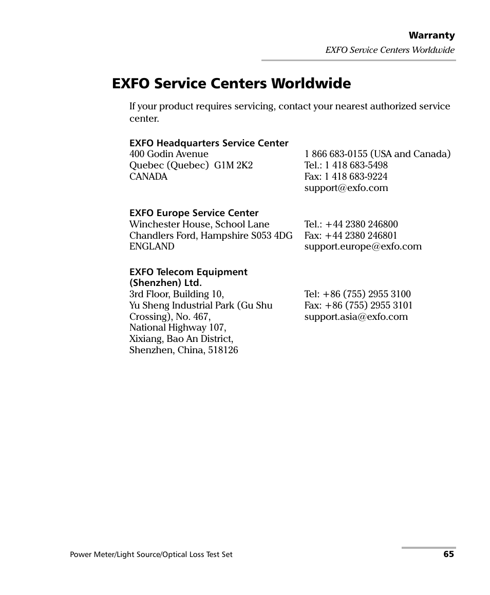 Exfo service centers worldwide | EXFO FPM-600 Power Meter User Manual | Page 71 / 79