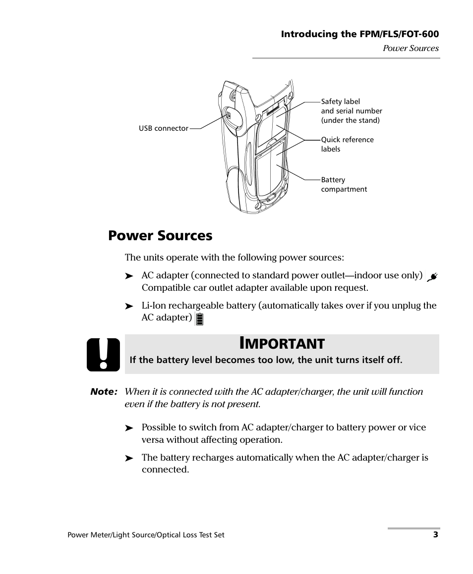Power sources, Mportant | EXFO FPM-600 Power Meter User Manual | Page 9 / 79