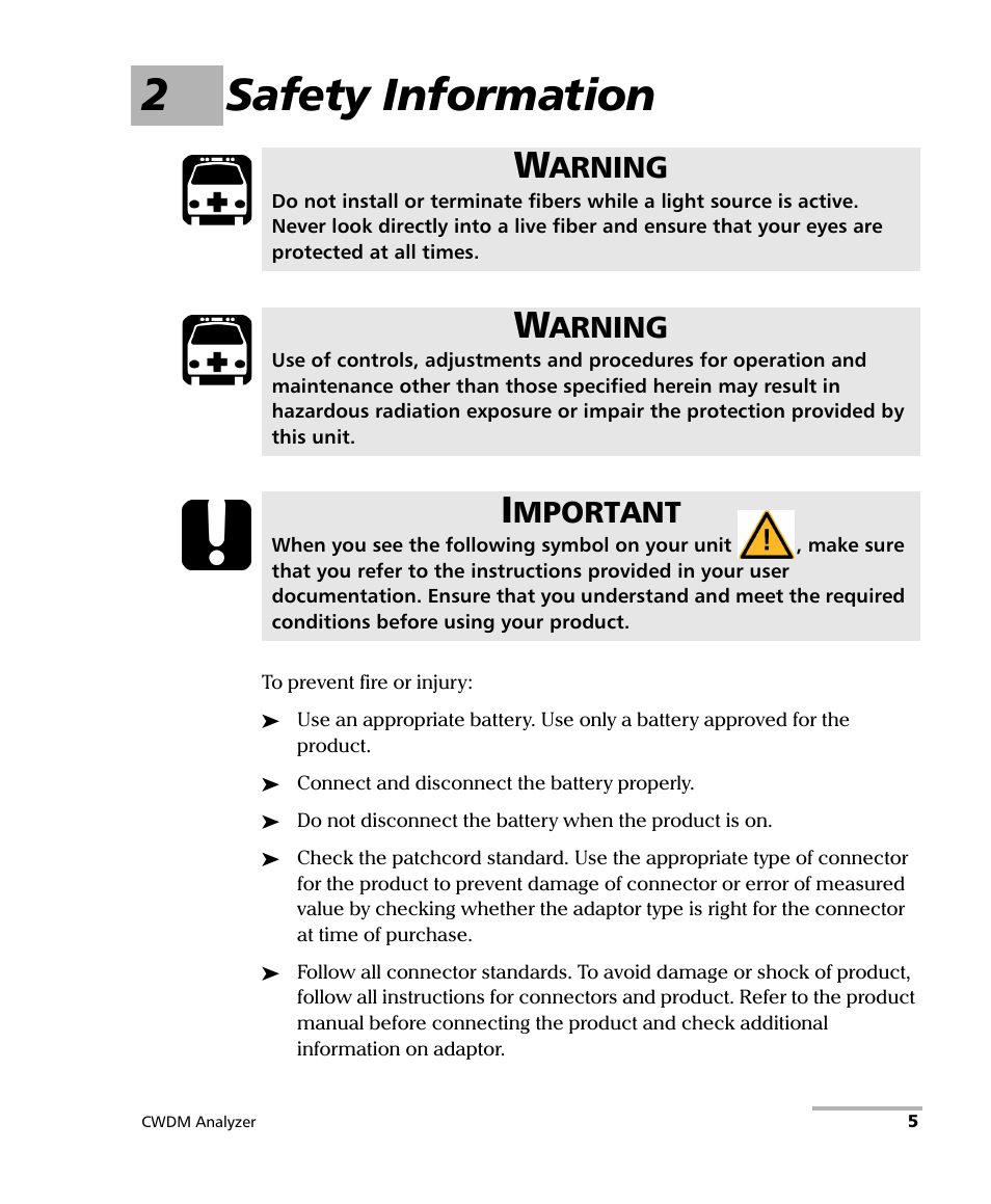2 safety information, 2safety information, Arning | Mportant | EXFO FOT-5200 Coarse Spectrum Analyzer User Manual | Page 11 / 47