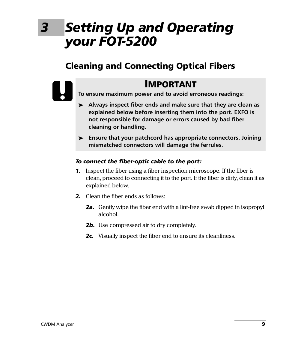 3 setting up and operating your fot-5200, Cleaning and connecting optical fibers, Mportant | EXFO FOT-5200 Coarse Spectrum Analyzer User Manual | Page 15 / 47