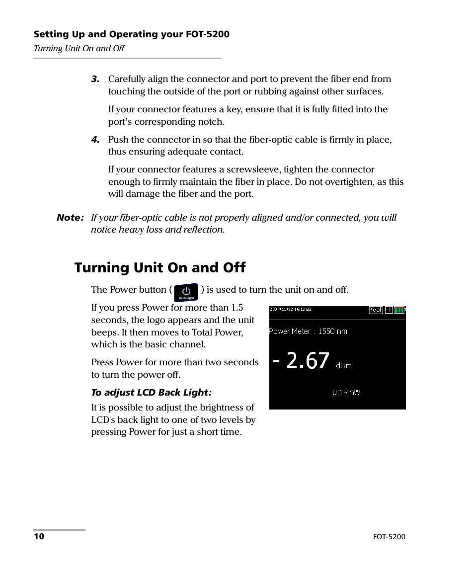 Turning unit on and off | EXFO FOT-5200 Coarse Spectrum Analyzer User Manual | Page 16 / 47