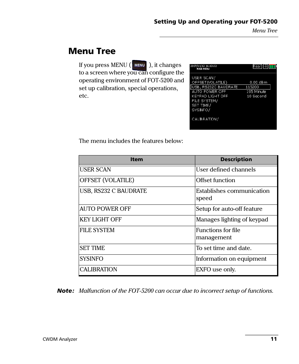 Menu tree | EXFO FOT-5200 Coarse Spectrum Analyzer User Manual | Page 17 / 47